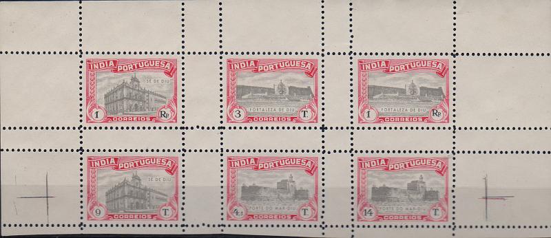 0897.jpg -     Lote:    897                   Descrição:         1948 &mdash; Emissão Projetada. Monumentos da Índia. Bloco com 6 provas denteadas com as taxas de 1r, 3T, 1Rp, 9T, 4,5T e 14T, representando a Fortaleza de Diu, Forte do Mar &mdash; Diu e Sé de Diu, nas cores vermelho e preto. B e MR.        PRV       Valor Base:     &euro; 50,00     Valor Venda:     &euro;      