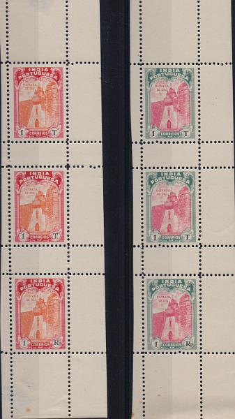 0898.jpg -     Lote:    898                   Descrição:         1948 &mdash; Emissão Projetada. Monumentos da Índia. Lote de duas tiras de provas denteadas para o valor de 1Rp, representando a Porta de Entrada de Diu, nas cores verde e vermelho + vermelho e laranja. B e MR.        PRV       Valor Base:     &euro; 40,00     Valor Venda:     &euro;      