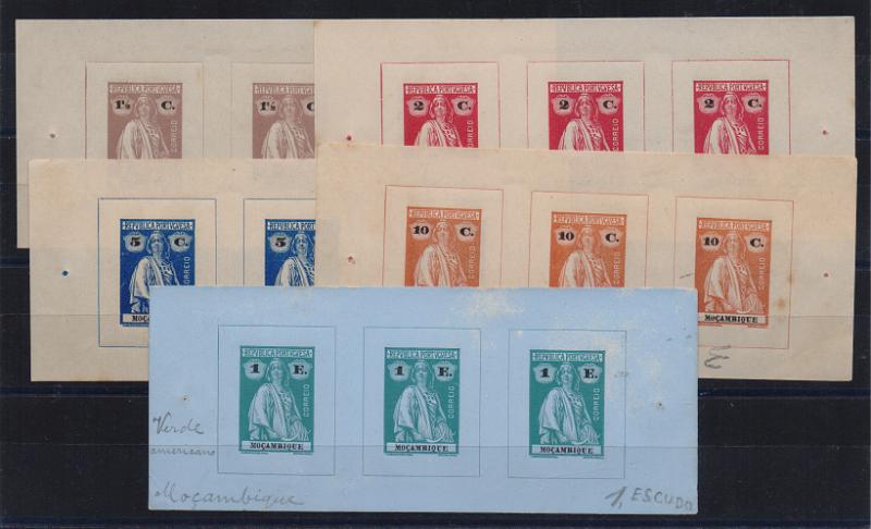 0900.jpg -     Lote:    900                   Descrição:         1914 &mdash; Ceres. Lote com 5 tiras de 3 provas cada dos valores de 1 &frac12; c, 2c, 5c, 10c e 1E, CE156, 157, 159, 162 e 168. Emitidas clandestinamente.        PRV       Valor Base:     &euro; 10,00     Valor Venda:     &euro;      