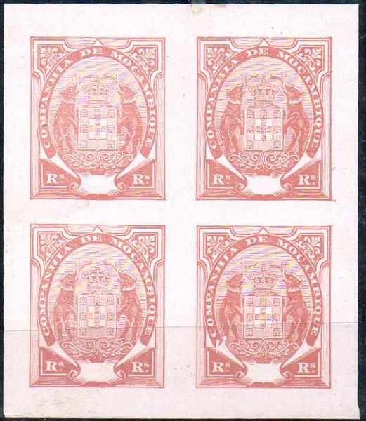 0906.jpg -     Lote:    906                   Descrição:         1895 &mdash; Tipo Elefantes. Quadra de provas não denteadas em castanho claro sobre rosa, sem impressão do valor, em papel porcelana colorido.         PRV       Valor Base:     &euro; 15,00     Valor Venda:     &euro;      