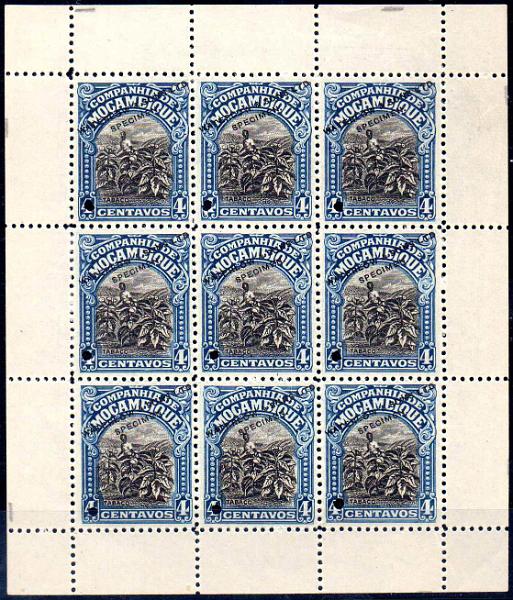 0911.jpg -     Lote:    911                   Descrição:         1918 &mdash; Motivos locais. CE143, 4 c. Folha de apresentação com nove provas em azul e preto, com furo de segurança de sobrecarga "WATERLOW & SONS; LTD / SPECIMEN.        PRV       Valor Base:     &euro; 35,00     Valor Venda:     &euro;      