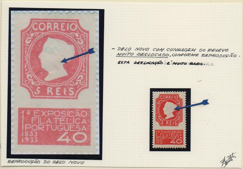 0954.jpg -     Lote:    954                   Descrição:         1935 &mdash; 1.ª Exposição Filatélica Portuguesa. CE564, 40(c) vermelho. Selo com a impressão do relevo muito deslocado.        **       Valor Base:     &euro; 15,00     Valor Venda:     &euro;      