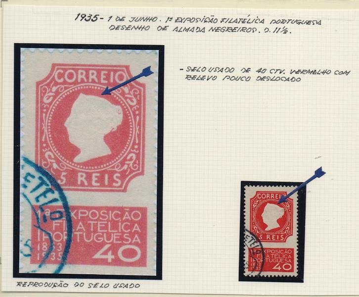 0955.jpg -     Lote:    955                   Descrição:         1935 &mdash; 1.ª Exposição Filatélica Portuguesa. CE564, 40(c) vermelho. Selo com a impressão do relevo deslocada.        **       Valor Base:     &euro; 15,00     Valor Venda:     &euro;      