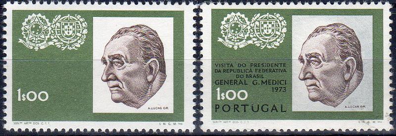 0965.jpg -     Lote:    965                   Descrição:         1973 &mdash; Visita do Presidente Médici. CE1184, 1$00. Selo sem impressão da cor preta. Raro. Com dois pontos de óxido no verso. Acompanha selo normal para comparação.        ***       Valor Base:     &euro; 25,00     Valor Venda:     &euro;      