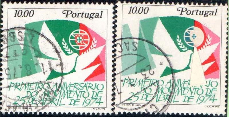 0966.jpg -     Lote:    966                   Descrição:         1975 &mdash; 1.º Aniversário do Movimento do 25 de Abril. CE1247, 10$00. Selo com falta de impressão da cor vermelha no escudo nacional e com cor azul em vez de verde no mesmo escudo. Acompanha selo normal para comparação.        O       Valor Base:     &euro; 15,00     Valor Venda:     &euro;      