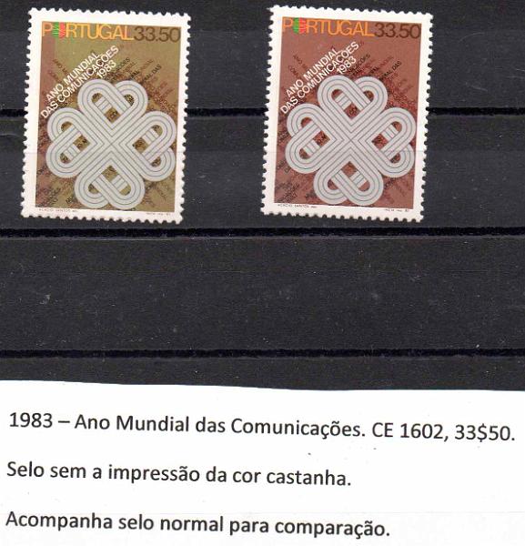 0971.jpg -     Lote:    971                   Descrição:         1983 &mdash; Ano Mundial das Comunicações. CE1602, 33$50. Selo sem impressão da cor castanha. Acompanha selo normal para comparação.        ***       Valor Base:     &euro; 10,00     Valor Venda:     &euro;      