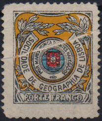 0979.jpg -     Lote:    979                   Descrição:         1920 &mdash; Porte Franco. Sociedade de Geografia de Lisboa. Emblema da Sociedade, sem coroa. CE SGL4. Selo com "plié".        *       Valor Base:     &euro; 15,00     Valor Venda:     &euro;      