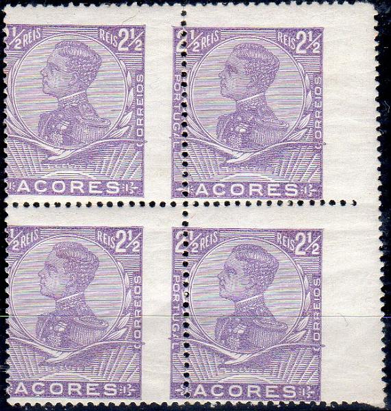 0983.jpg -     Lote:    983                   Descrição:         1910 &mdash; D. Manuel II. CE107, 2 &frac12; reis violeta. Quadra com o denteado muito deslocado. MB e MR.        ***/**       Valor Base:     &euro; 25,00     Valor Venda:     &euro;      