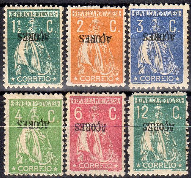 0985.jpg -     Lote:    985                   Descrição:         1912/24 &mdash; Ceres. Selos do Continente com sobrecarga AÇORES. Lote composto por seis selos de 1 &frac12; C verde CE165 + 2C laranja CE166 + 3C azul CE199 + 4C verde CE169 + 6C rosa CE177 e 12C verde CE179. Todos com a sobrecarga invertida. Alguns defeitos. Lote a ver.        **       Valor Base:     &euro; 15,00     Valor Venda:     &euro;      