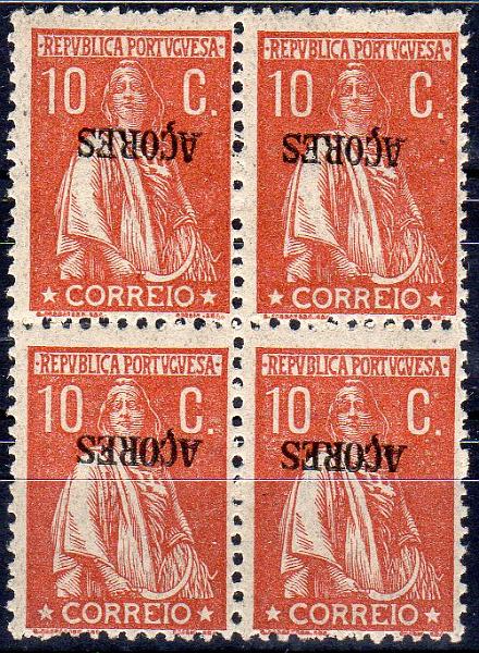 0986.jpg -     Lote:    986                   Descrição:         1912/13 &mdash; Ceres. Selos do Continente com sobrecarga AÇORES. CE156, 10C laranja vermelho, denteado 12x11 &frac12;, papel acetinado. Quadra com a sobrecarga invertida.        ***       Valor Base:     &euro; 15,00     Valor Venda:     &euro;      
