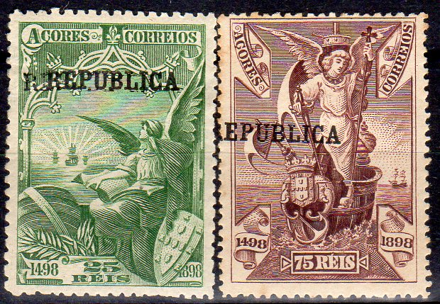 0988.jpg -     Lote:    988                   Descrição:         1911 &mdash; IV Centenário do Descobrimento do Caminho Marítimo para a Índia, com sobrecarga REPUBLICA. CE138/139, 50 e 75 reis. Selos com a sobrecarga deslocada. Não catalogadas.        **       Valor Base:     &euro; 15,00     Valor Venda:     &euro;      