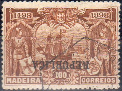 0991.jpg -     Lote:    991                   Descrição:         1898 &mdash; IV Centenário do Descobrimento do Caminho Marítimo da Índia, com sobrecarga REPUBLICA sobre selos postais da Madeira. CE204, 100 reis castanho-amarelo. Selo com a sobrecarga invertida. Valor de catálogo &euro; 210,00.        O       Valor Base:     &euro; 30,00     Valor Venda:     &euro;      