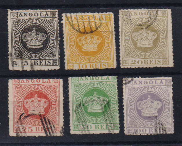 0992.jpg -     Lote:    992                   Descrição:         1870 &mdash; Tipo Coroa. FALSOS FOURNIER. Lote de seis selos de 5, 10, 20, 25, 50 e 100 reis CE1/6, obliterados com carimbo também falso. Série completa.        O       Valor Base:     &euro; 15,00     Valor Venda:     &euro;      