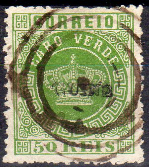 1006.jpg -     Lote:    1006                   Descrição:         1879/82 &mdash; Tipo Coroa. Selos de Cabo Verde com sobrecarga "GUINÉ" pequena. FALSOS". CE6, 50 reis verde, denteado 12 &frac12;, obliterado com carimbo de circunferências concêntricas, com sobrecarga FALSA.        O       Valor Base:     &euro; 20,00     Valor Venda:     &euro;      