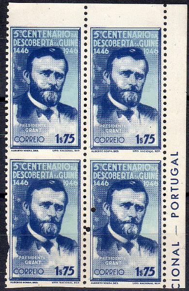 1011.jpg -     Lote:    1011                   Descrição:         1946 &mdash; 5.º Centenário da Descoberta da Guiné. CE244, 1$75 azul. Quadra, com falta de denteado horizontal. Raro.        *       Valor Base:     &euro; 25,00     Valor Venda:     &euro;      