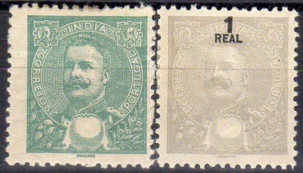 1012.jpg -     Lote:    1012                   Descrição:         1903 &mdash; D. Carlos I Mouchon. Lote composto por selo de 1 real cinzento, CE185, com a impressão do valor muito deslocada + CE190, 6 reis verde sem impressão do valor.        **       Valor Base:     &euro; 10,00     Valor Venda:     &euro;      