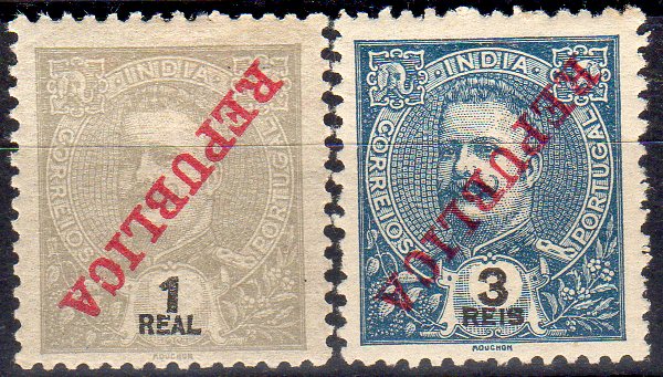 1014.jpg -     Lote:    1014                   Descrição:         1911 &mdash; D. Carlos I Mouchon, com sobrecarga REPUBLICA da Casa da Moeda. Lote composto por dois selos: um de 1 real cinzento CE200 e 3 reis CE204. Todos com a sobrecarga invertida.        **       Valor Base:     &euro; 15,00     Valor Venda:     &euro;      