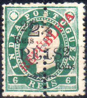 1016.jpg -     Lote:    1016                   Descrição:         1914 &mdash; D. Luís I. Sobretaxados de 1902, com nova sobretaxa e sobrecarga REPUBLICA, perfurados ao meio. CE223, 2reis s/ 2 &frac12; reis s/ 6 Reis. NÃO CATALOGADO.        *       Valor Base:     &euro; 10,00     Valor Venda:     &euro;      