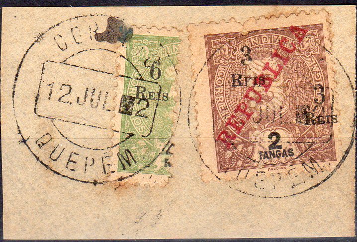 1019.jpg -     Lote:    1019                   Descrição:         1911/13 &mdash; D. Carlos I Mouchon com sobretaxa e perfurados ao meio + idem com sobrecarga REPUBLICA da Casa da Moeda. Fragmento com meio selo de 6 reis s/ 4 &frac12; reis CE220 + CE244, 3 reis s/ 2T castanho, com deslocamento da perfuração ao meio e da sobretaxa. Raro.        FRG       Valor Base:     &euro; 15,00     Valor Venda:     &euro;      