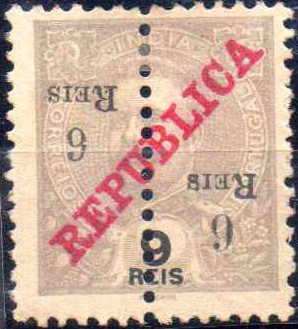 1020.jpg -     Lote:    1020                   Descrição:         1913 &mdash; D. Carlos I Mouchon, com sobretaxa e perfurados ao meio e com sobrecarga REPUBLICA da Casa da Moeda. CE245, 6reis s/ 9 reis. Selo com a sobretaxa invertida. Valor de catálogo &euro; 25,00.        *       Valor Base:     &euro; 8,00     Valor Venda:     &euro;      