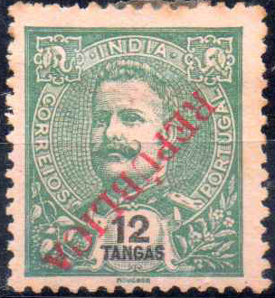 1023.jpg -     Lote:    1023                   Descrição:         1914 - D. Carlos I Mouchon, com sobrecarga REPUBLICA local. CE278, 12 Tangas. Selo com a sobrecarga invertida.        *       Valor Base:     &euro; 12,00     Valor Venda:     &euro;      