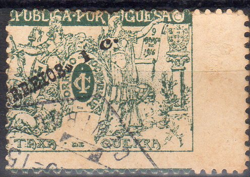 1040.jpg -     Lote:    1040                   Descrição:         1918/20 &mdash; Taxa de Guerra. Selos do Imposto Postal e Telegráfico com sobretaxa. CE201, 1C s/ 1C verde. Selo com o denteado deslocado.        O       Valor Base:     &euro; 8,00     Valor Venda:     &euro;      