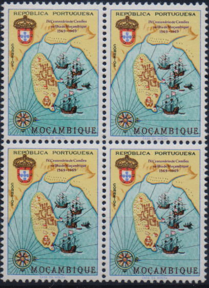 1047.jpg -     Lote:    1047                   Descrição:         1969 &mdash; IV Centenário da Estada de Luís Camões na Ilha de Moçambique. CE511, 1$50. Quadra com omissão da taxa. Valor de catálogo &euro;160,00. R.        ***       Valor Base:     &euro; 60,00     Valor Venda:     &euro;      