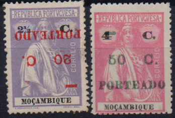 1054.jpg -     Lote:    1054                   Descrição:         1921 &mdash; Porteado. Ceres de Moçambique, com sobretaxa. Lote composto por CE45, 50c s/ 2 &frac12; c com a sobrecarga invertida e CE POR45, 10c s/ 4c rosa CE POR49, em denteado 15x14 (não catalogado neste denteado).        **       Valor Base:     &euro; 20,00     Valor Venda:     &euro;      