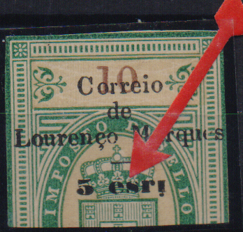 1059.jpg -     Lote:    1059                   Descrição:         1899 &mdash; Selos fiscais de Moçambique, com sobretaxa. CE47, 5 reis s/ 10 reis verde. Metade de selo com "esri" em vez de "reis".        *       Valor Base:     &euro; 25,00     Valor Venda:     &euro;      