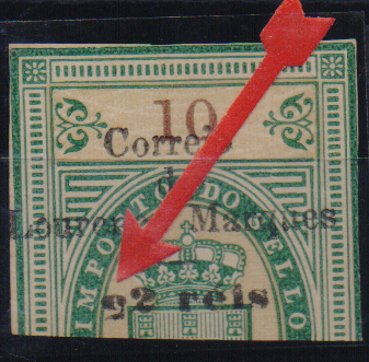 1060.jpg -     Lote:    1060                   Descrição:         1899 &mdash; Selos fiscais de Moçambique, com sobretaxa. CE48, 25 reis s/ 10 reis verde. Metade de selo com "5" invertido.         *       Valor Base:     &euro; 25,00     Valor Venda:     &euro;      