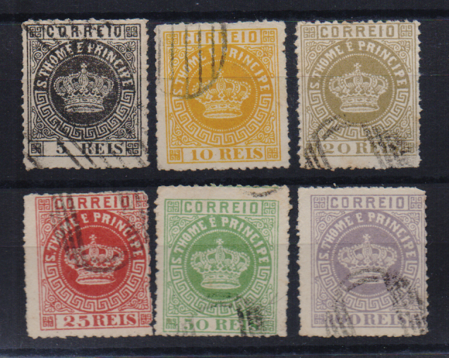 1077.jpg -     Lote:    1077                   Descrição:         1870 &mdash; Tipo Coroa. FALSOS FOURNIER. Lote de seis selos de 5, 10, 20, 25, 50 e 100 reis CE1/6, obliterados com carimbo também falso. Série completa.        O       Valor Base:     &euro; 15,00     Valor Venda:     &euro;      