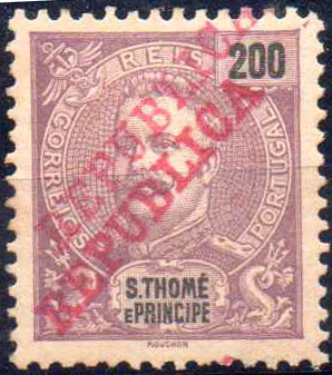 1080.jpg -     Lote:    1080                   Descrição:         1911 &mdash; D. Carlos Mouchon, com sobrecarga REPUBLICA da Casa da Moeda. CE107, 200 reis. Selo com dupla sobrecarga REPUBLICA.        **       Valor Base:     &euro; 8,00     Valor Venda:     &euro;      