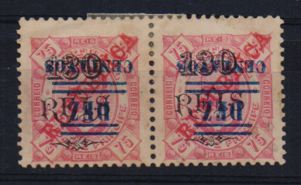1081.jpg -     Lote:    1081                   Descrição:         1923 &mdash; D. Carlos I, com sobretaxa. CE263, 10c s/ 130 reis s/ 75 reis carmim. Par de selos com a sobretaxa invertida. Valor de catálogo &euro; 100,00.        *       Valor Base:     &euro; 30,00     Valor Venda:     &euro;      