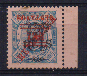 1084.jpg -     Lote:    1084                   Descrição:         1923 &mdash; D. Carlos I, com sobretaxa. CE265, 10c s/ 130 reis s/ 300 reis azul s/ laranja. Selo com a sobretaxa invertida. Valor de catálogo &euro; 50,00.        *       Valor Base:     &euro; 15,00     Valor Venda:     &euro;      