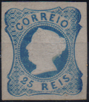 1090.jpg -     Lote:    1090                   Descrição:         1853 &mdash; D. Maria II. CE2, 25 reis azul, cunho II, com boas margens, mas sem goma. Valor de catálogo &euro; 1.700,00.        *       Valor Base:     &euro; 150,00     Valor Venda:     &euro;      