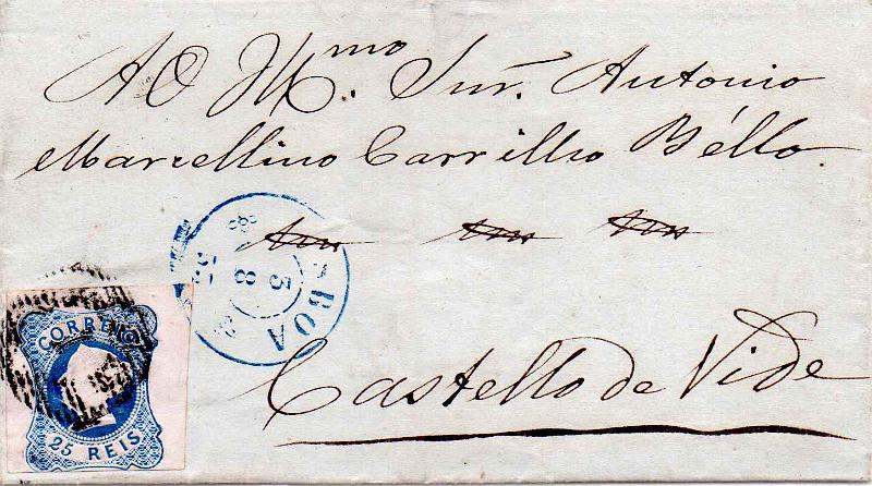 1091.jpg -     Lote:    1091                   Descrição:         1853 &mdash; D. Maria II. CE2, 25 reis azul, cunho II, com boas margens, em capa de carta circulada de Lisboa (05.08.53) para Castelo de Vide.        Carta       Valor Base:     &euro; 25,00     Valor Venda:     &euro;      