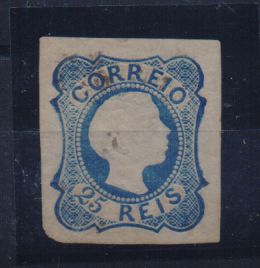 1096.jpg -     Lote:    1096                   Descrição:         1955/56 &mdash; D. Pedro V. cabelos Lisos. CE6, 25 reis azul, cunho I. Selo com boas margens e alguns pontos de óxido. Lote a ver. Valor de catálogo &euro; 1.720,00.        **       Valor Base:     &euro; 100,00     Valor Venda:     &euro;      