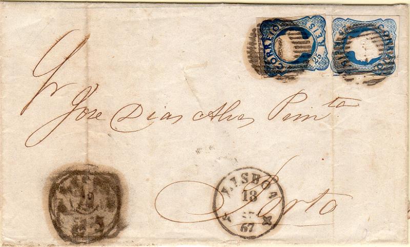 1104.jpg -     Lote:    1104                   Descrição:         1856/58 &mdash; D. Pedro V, cabelos anelados. CE12 (linhas duplas), 25 reis azul. Dois selos (duplo porte) em carta circulada de Lisboa (18.12.57) para o Porto.        Carta       Valor Base:     &euro; 30,00     Valor Venda:     &euro;      