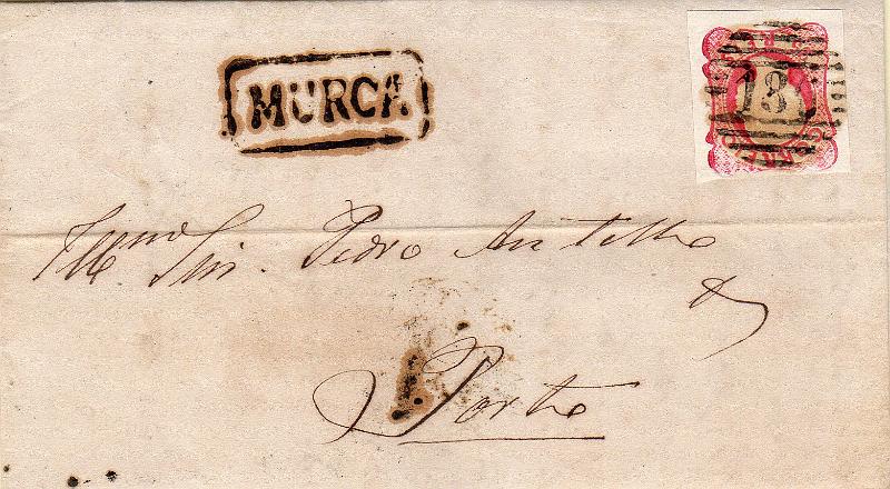 1105.jpg -     Lote:    1105                   Descrição:         1856/58 &mdash; D. Pedro V, cabelos anelados. CE13, 25 reis carmim rosa, com margens curtas, em carta circulada de Murça (08.04.59) para o Porto. Carimbo nominativo batido a sépia "MURÇA" (não catalogado por Gordon) e numérico da 1.ª reforma tipo 4.3.4 "186". MB.        Carta       Valor Base:     &euro; 18,00     Valor Venda:     &euro;      