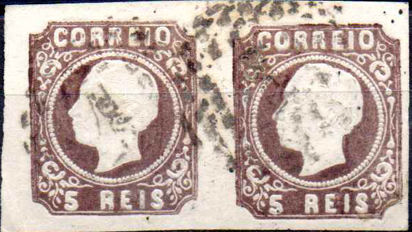 1107.jpg -     Lote:    1107                   Descrição:         1862/64 &mdash; D. Luís I. CE14, 5 reis castanho escuro. Par horizontal com boas margens. Valor de catálogo &euro; 138,00.        O       Valor Base:     &euro; 20,00     Valor Venda:     &euro;      