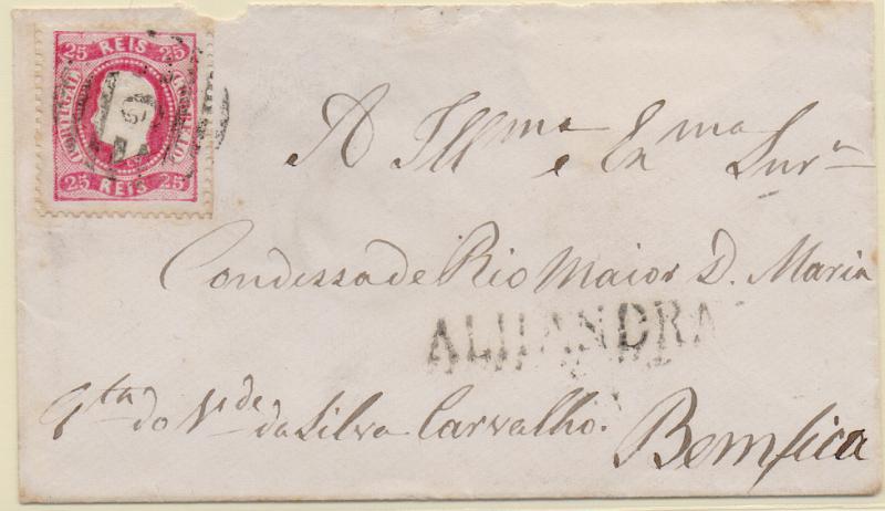 1118.jpg -     Lote:    1118                   Descrição:         1868/70 &mdash; D. Luís I. Fita curva, denteados. CE30, 25 reis carmim em carta circulada de Alhandra para Lisboa (26.09.70). Carimbo batido a preto "ALHANDRA" e carimbo da 2.ª reforma "6".        Carta       Valor Base:     &euro; 12,00     Valor Venda:     &euro;      