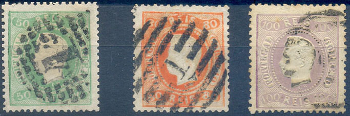 1119.jpg -     Lote:    1119                   Descrição:         1867/70. D. Luís I. Fita curva. Denteado. Lote de 3 selos CE31/33. Selo de 50 reis, verde, 80 reis, laranja e 100 reis, lilás malva. Valor de catálogo &euro; 585,00.        O       Valor Base:     &euro; 50,00     Valor Venda:     &euro;      