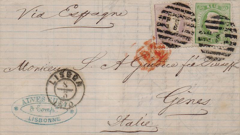 1120.jpg -     Lote:    1120                   Descrição:         1867/70 &mdash; D. Luís I. Fita curva, denteados. Carta circulada de Lisboa (08.03.70) para Itália (14.03.70) com selos de 50 e 100 reis CE 31, 33. MB.        Carta       Valor Base:     &euro; 125,00     Valor Venda:     &euro;      