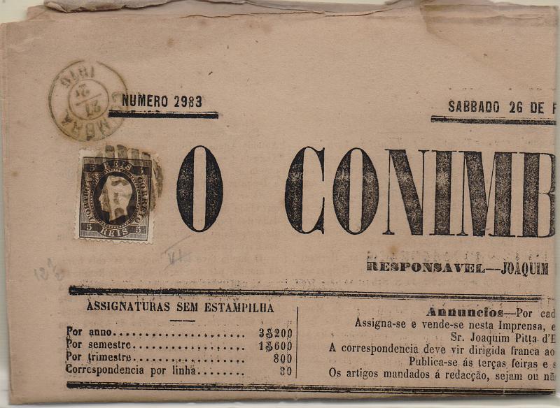 1125.jpg -     Lote:    1125                   Descrição:         1870/76 &mdash; D. Luís I. Fita direita. Jornal O Conimbricense circulado de Coimbra (27.02.76) com selo de 5 reis preto CE36, denteado 12 &frac12;, cunho VI. MB.        JRN       Valor Base:     &euro; 15,00     Valor Venda:     &euro;      