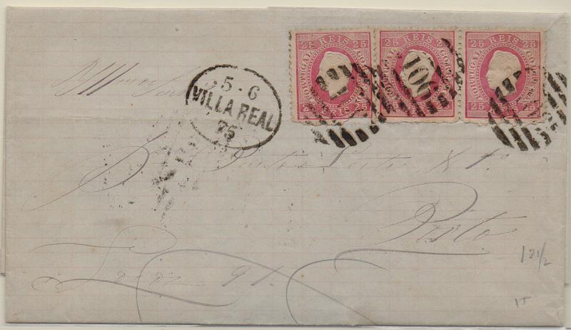 1128.jpg -     Lote:    1128                   Descrição:         1870/76 &mdash; D. Luís I, fita direita. CE40, 25 reis. Três selos em carta circulada de Vila Real (05.06.75) para o Porto. Carimbo datado "5-6 / VILLA REAL / 75" + carimbo 2.ª reforma "106". Raro triplo porte.        Carta       Valor Base:     &euro; 15,00     Valor Venda:     &euro;      