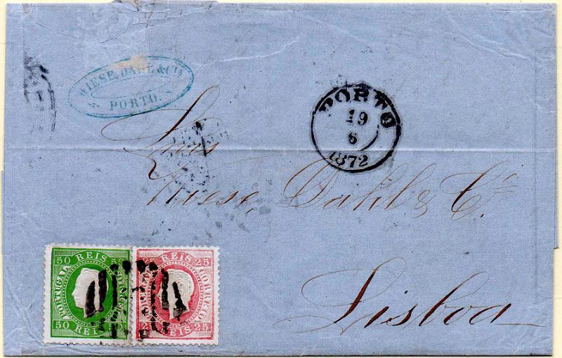 1129.jpg -     Lote:    1129                   Descrição:         1870/76 &mdash; D. Luís I, fita direita. Carta circulada do Porto (19.06.72) para Lisboa, com selos de 25 reis denteado 12 &frac12;, CE40 e selo de 50 reis, denteado 12 &frac12;, CE41. Interessante triplo porte interno.        Carta       Valor Base:     &euro; 70,00     Valor Venda:     &euro;      