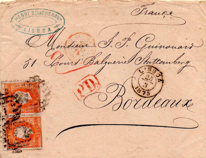 1130.jpg -     Lote:    1130                   Descrição:         1870/76 &mdash; D. Luís I, fita direita. Sobrescrito circulado de Lisboa (25.05.75) para Bordéus (29.05.75) com dois selos de 80 reis, papel liso, denteado 12 &frac12;, CE42.        Carta       Valor Base:     &euro; 110,00     Valor Venda:     &euro;      