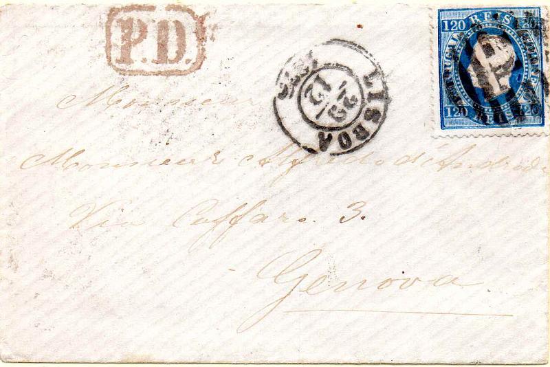 1131.jpg -     Lote:    1131                   Descrição:         1870/76 &mdash; D. Luís I, fita direita. Sobrescrito circulado de Lisboa (29.12.74) para Génova, com selo de 120 reis, denteado 12 &frac12;, papel liso, CE44.        Carta       Valor Base:     &euro; 70,00     Valor Venda:     &euro;      