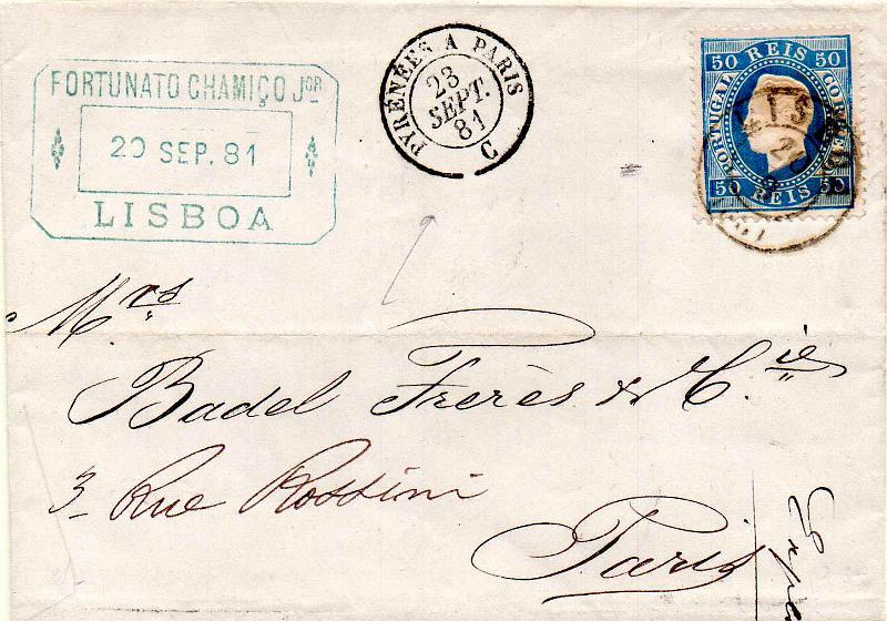 1138.jpg -     Lote:    1138                   Descrição:         1879/80 &mdash; D. Luís I. Fita direita. Novas cores. CE50, 50 reis azul, denteado 12 &frac12;, papel liso, em carta circulada de Lisboa (21.09.81) para Paris (23.09.81).        Carta       Valor Base:     &euro; 30,00     Valor Venda:     &euro;      