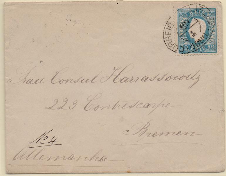 1139.jpg -     Lote:    1139                   Descrição:         1879/80 &mdash; D. Luís I. Fita direita. CE50, 50 reis azul, denteado 13 &frac12;, em sobrescrito circulado de Lisboa (20.04.80) para a Alemanha. Carimbo oval batido a preto "CORREIO DE LIABOA". MB.        Carta       Valor Base:     &euro; 100,00     Valor Venda:     &euro;      